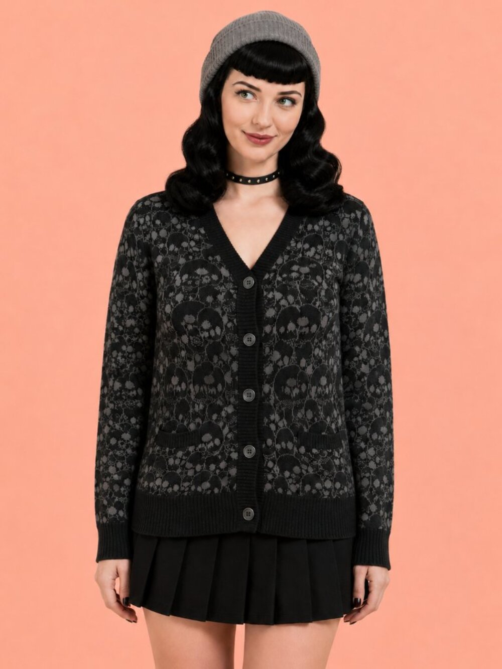 Midnight Hour Skull Cardigan Sweater Size L Black Gray Goth Grunge